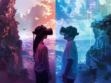 Illustration depicting the differences between Virtual Reality (VR) and Augmented Reality (AR) technologies, showcasing immersive VR experiences and digitally-enhanced AR views